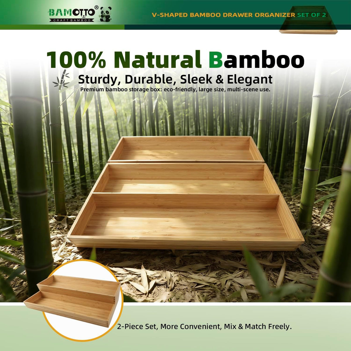 BAMOTTO CRAFTBAMBOO Long V-Shaped Bamboo Drawer Organizer Set of 2