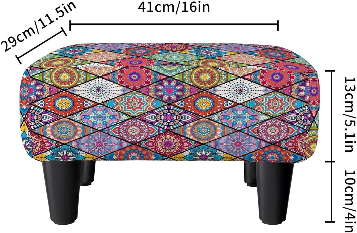 Colorful Small Foot Stool Ottoman, Boho Linen Mandala Footrest for Couch