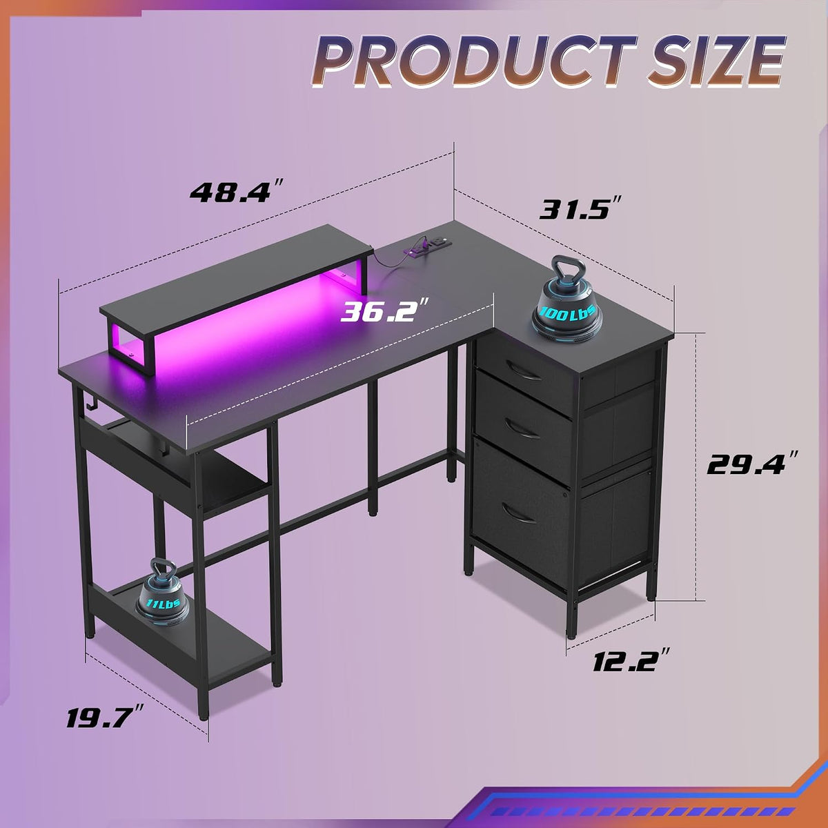 DEVAISE 48 Inch L Shaped Gaming Desk with Drawers and Storage, Corner Desk wi...