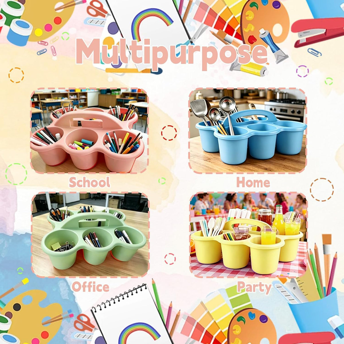 6 Pack Classroom Caddy Organizer with Handle Pastel Plastic Table Caddy 6 Com...