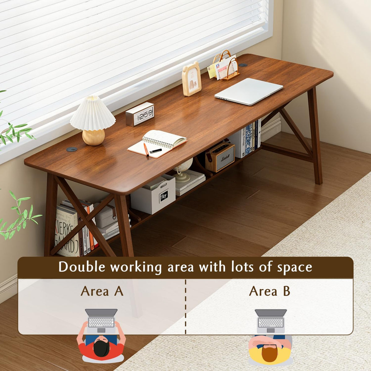 NELYE Extra Long Writing Desk with Bookshelf, 71" Wx24 Dx30 H, Walnut