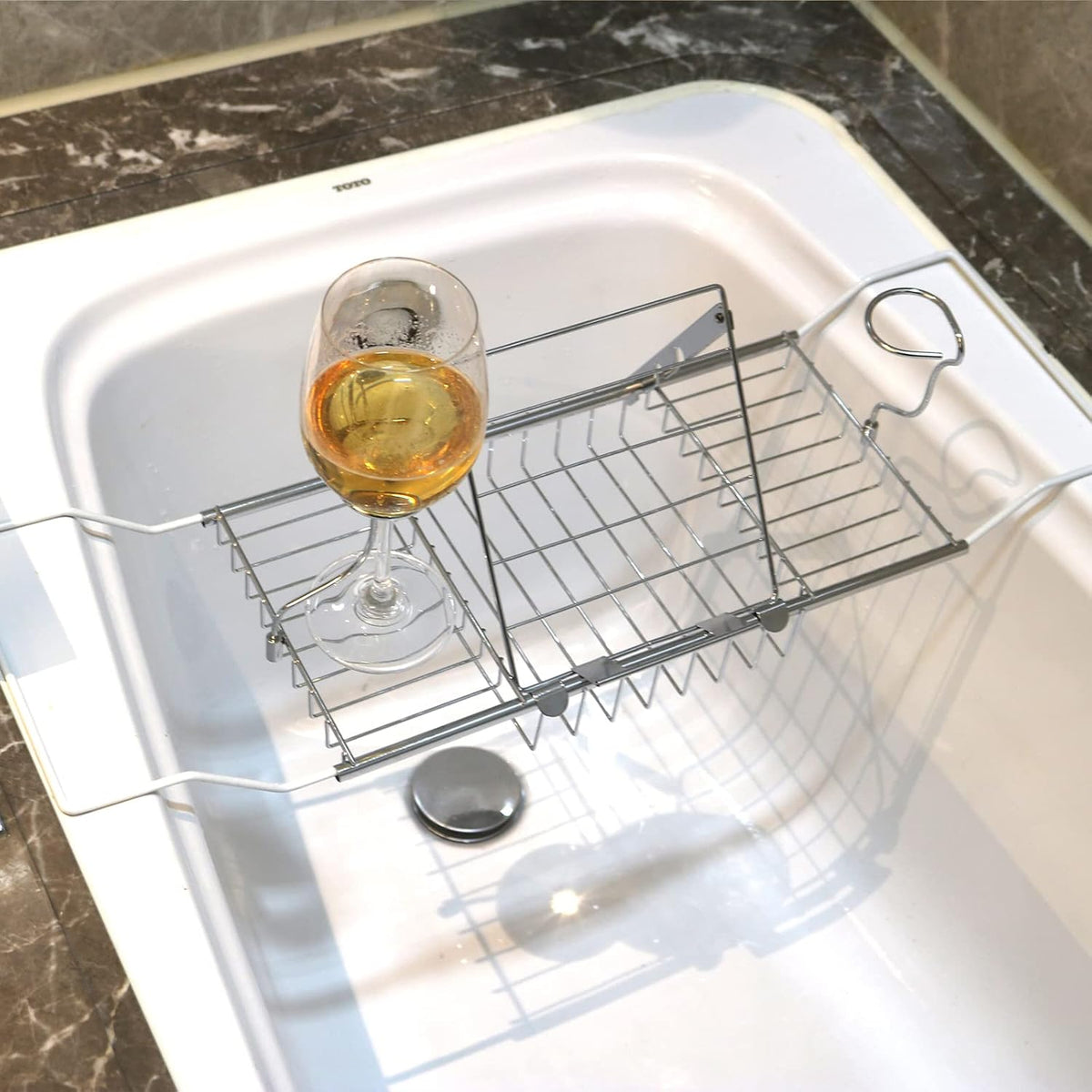 BDL Expandable Bathtub Caddy Tray with Wine Holder & Reading Rack,Silver