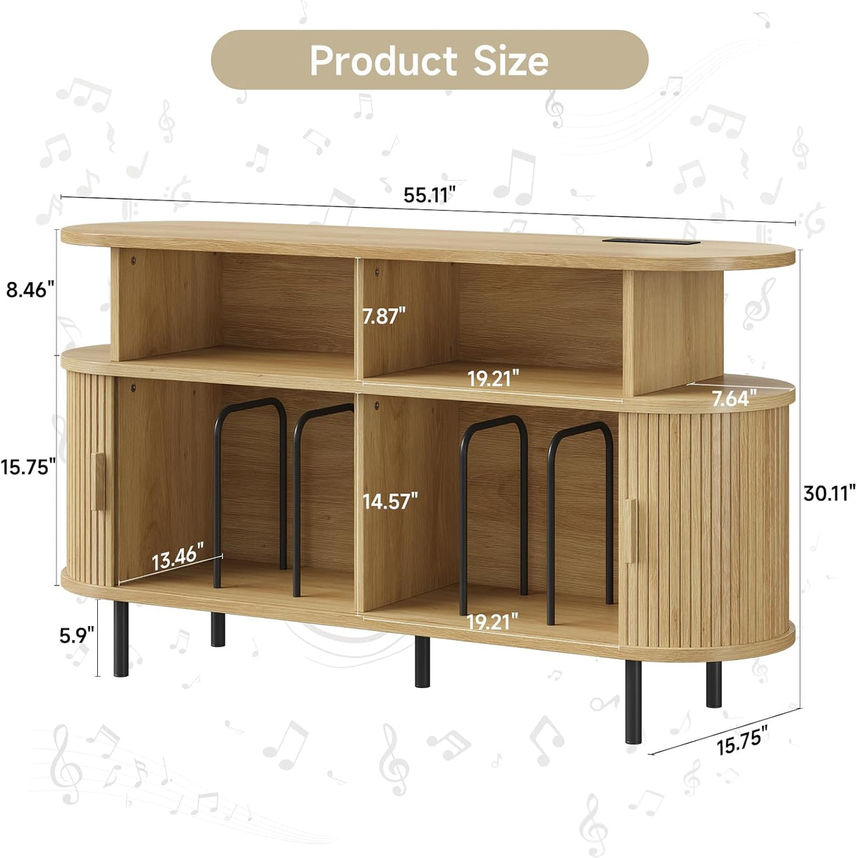 ONBRILL 55" Large Round Record Player Stand with Charging Station,Oak