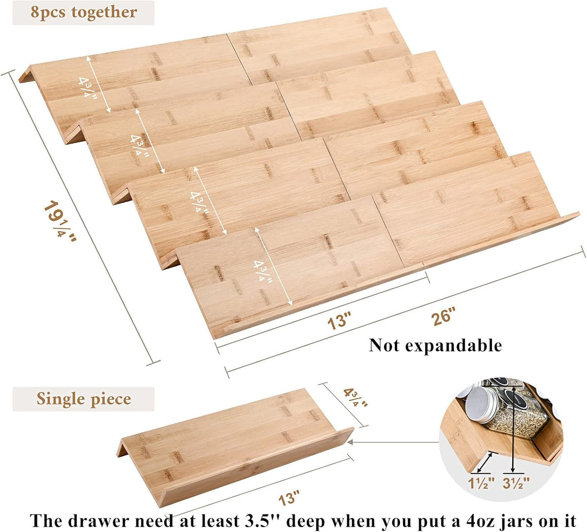 Mulush Bamboo Spice Rack Tray - Spice Drawer Organizer for Kitchen Cabinets S...