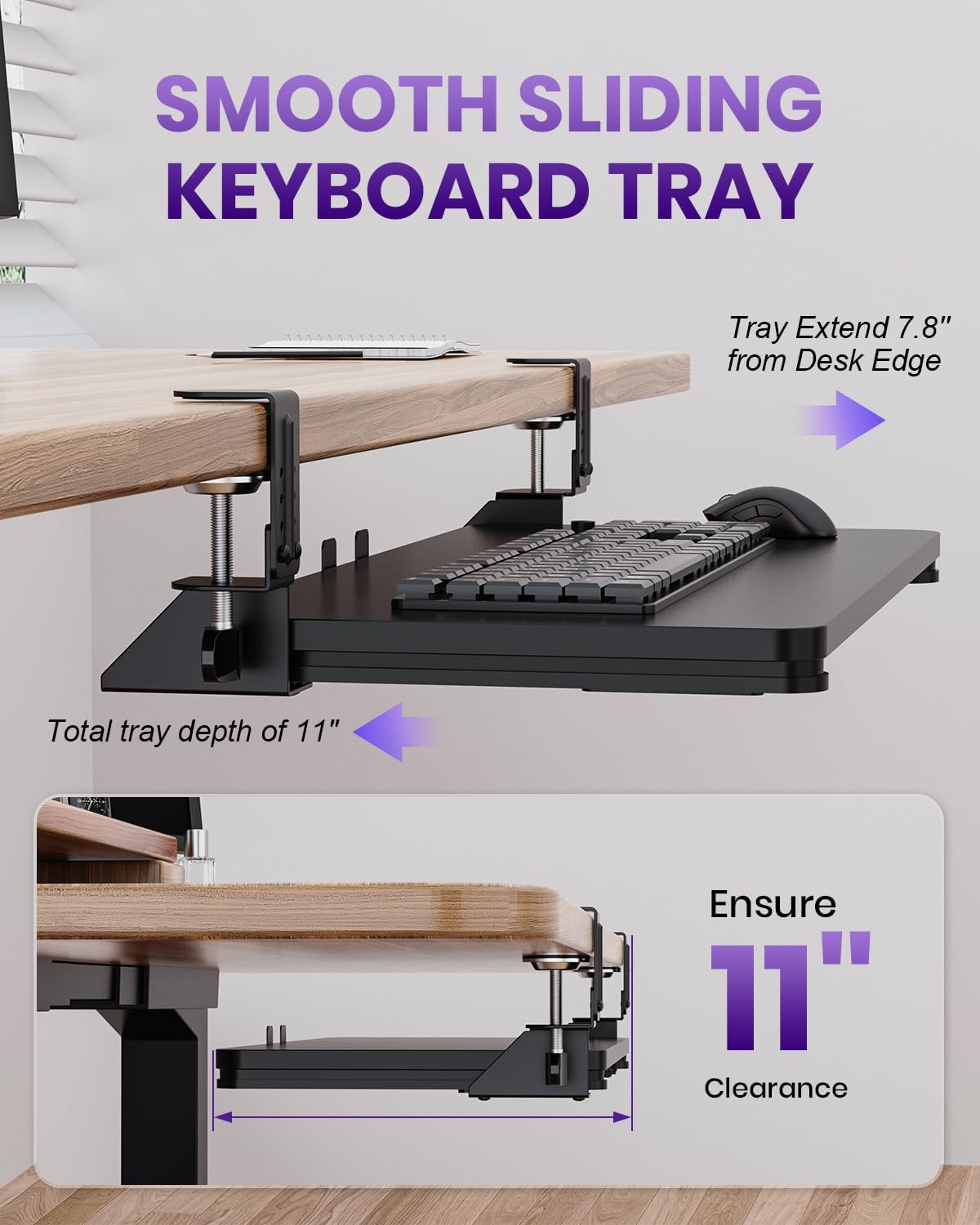 Ergonomic Mouse & Keyboard Tray Under Desk, 20x11.8 in Board, Black