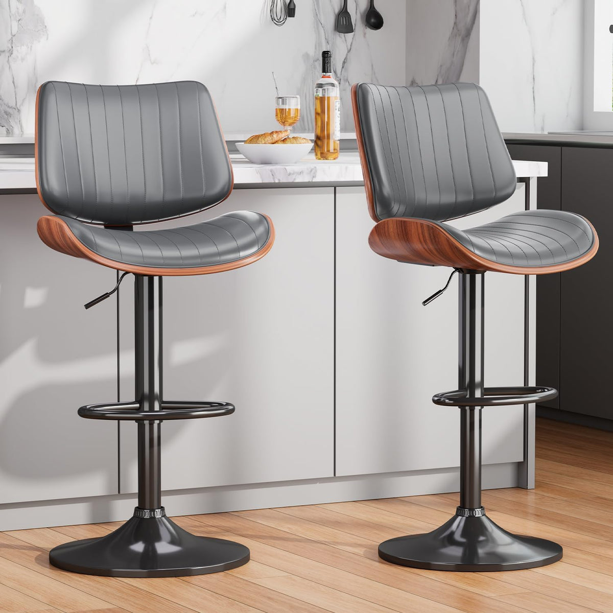 Swivel Bar Stools 4PCS, Adjustable Bentwood Barstools for Kitchen Counter