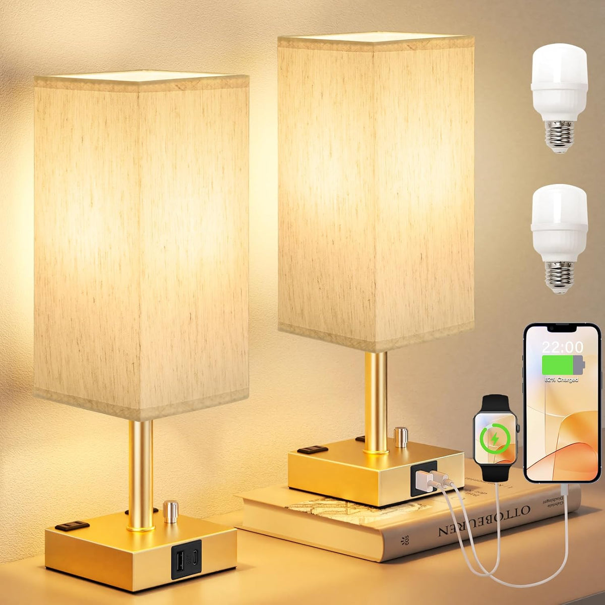 Gold Bedside Table Lamps Set of 2 - Dimmable, USB C+A, 2 AC Outlets
