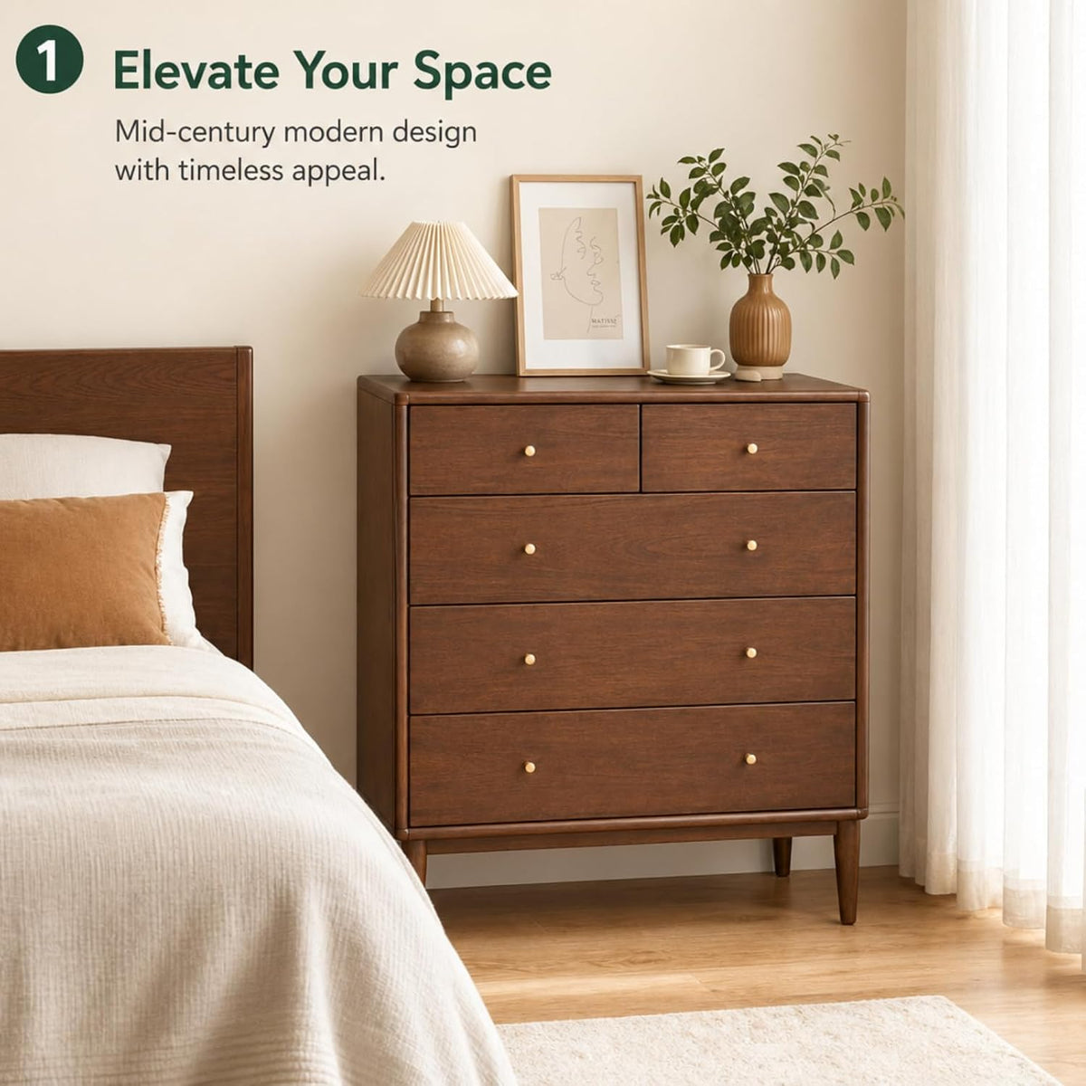 100% Solid Wood Nightstand with 5 Drawer, 5 Drawer Side Table for Bedroom, Wo...