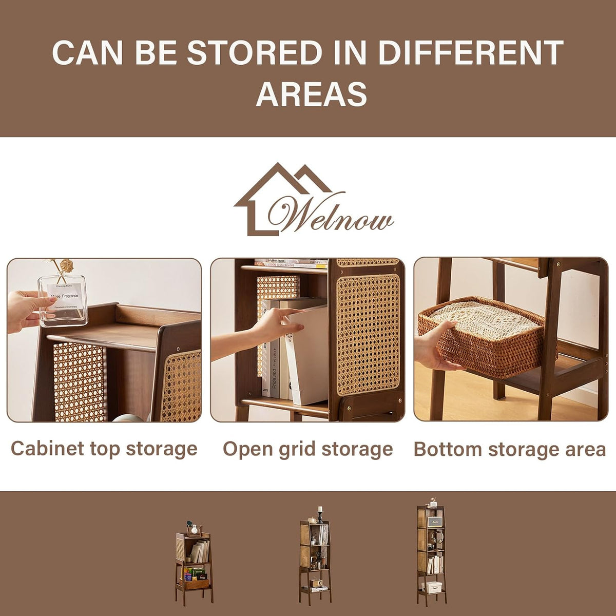 Welnow Bamboo Rattan Bookcase with Cabinet,4-Tier Wicker Bookshelf,Walnut