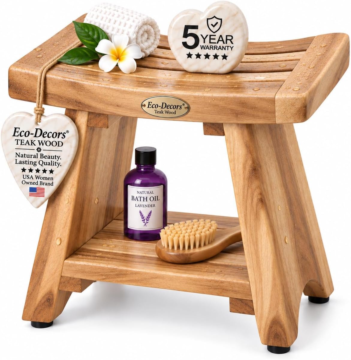 EcoDecors 18" Teak Shower Bench with Shelf, Solid Teak Wood Shower Stool