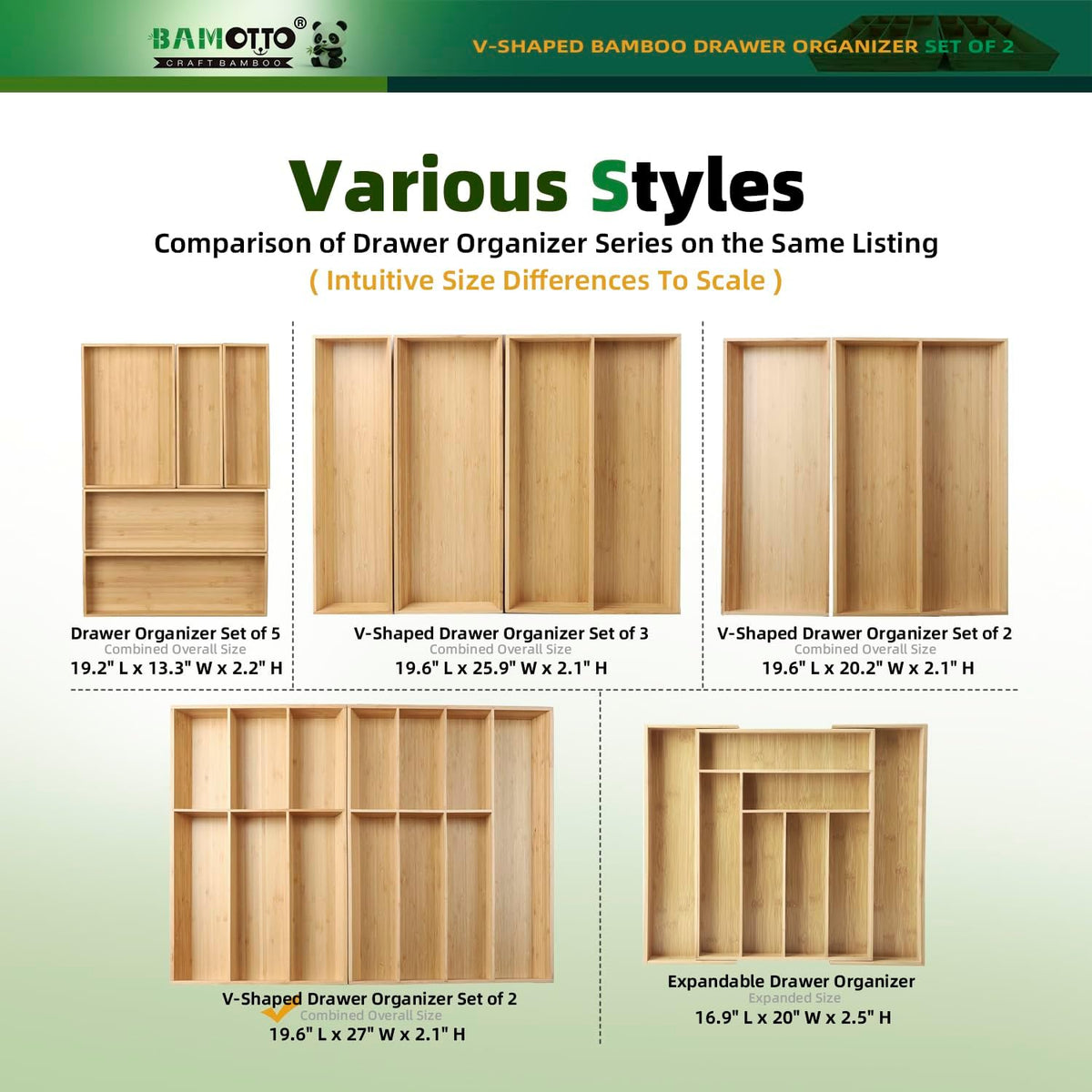 BAMOTTO CRAFTBAMBOO 13 Slot V-Shaped Bamboo Drawer Organizer Set of 2