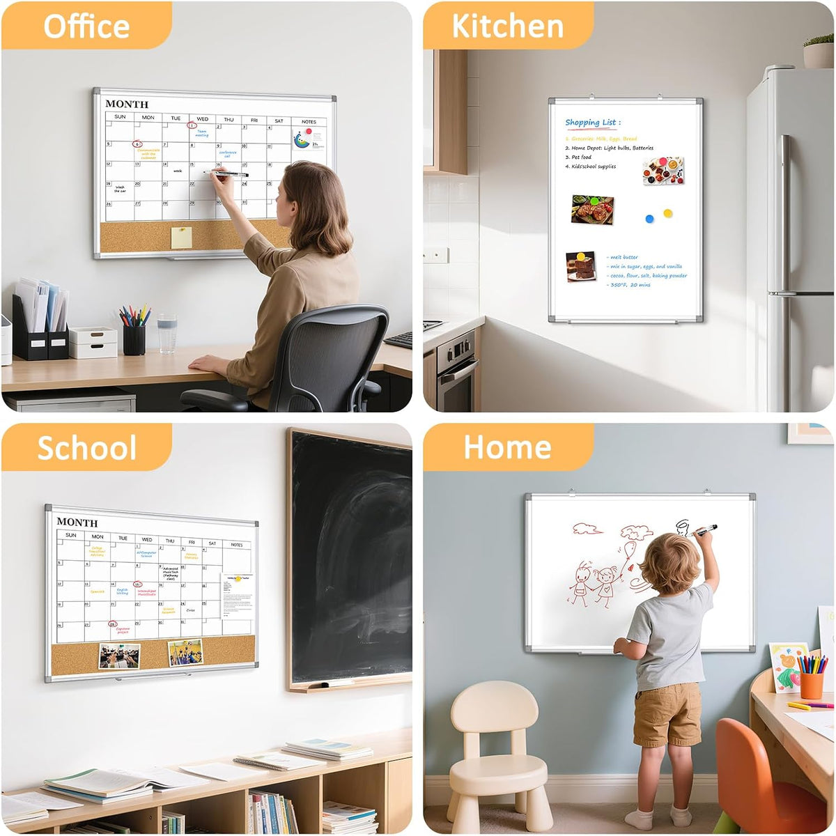 Monthly Dry Erase Calendar Whiteboard with Corkboard, 30" x 20", Si...