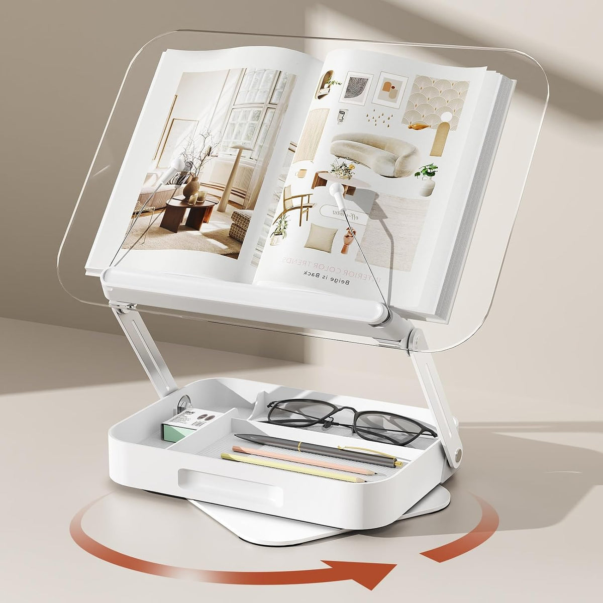 BYMECOST Acrylic Book Stand for Reading, Book Stand with Storage, White