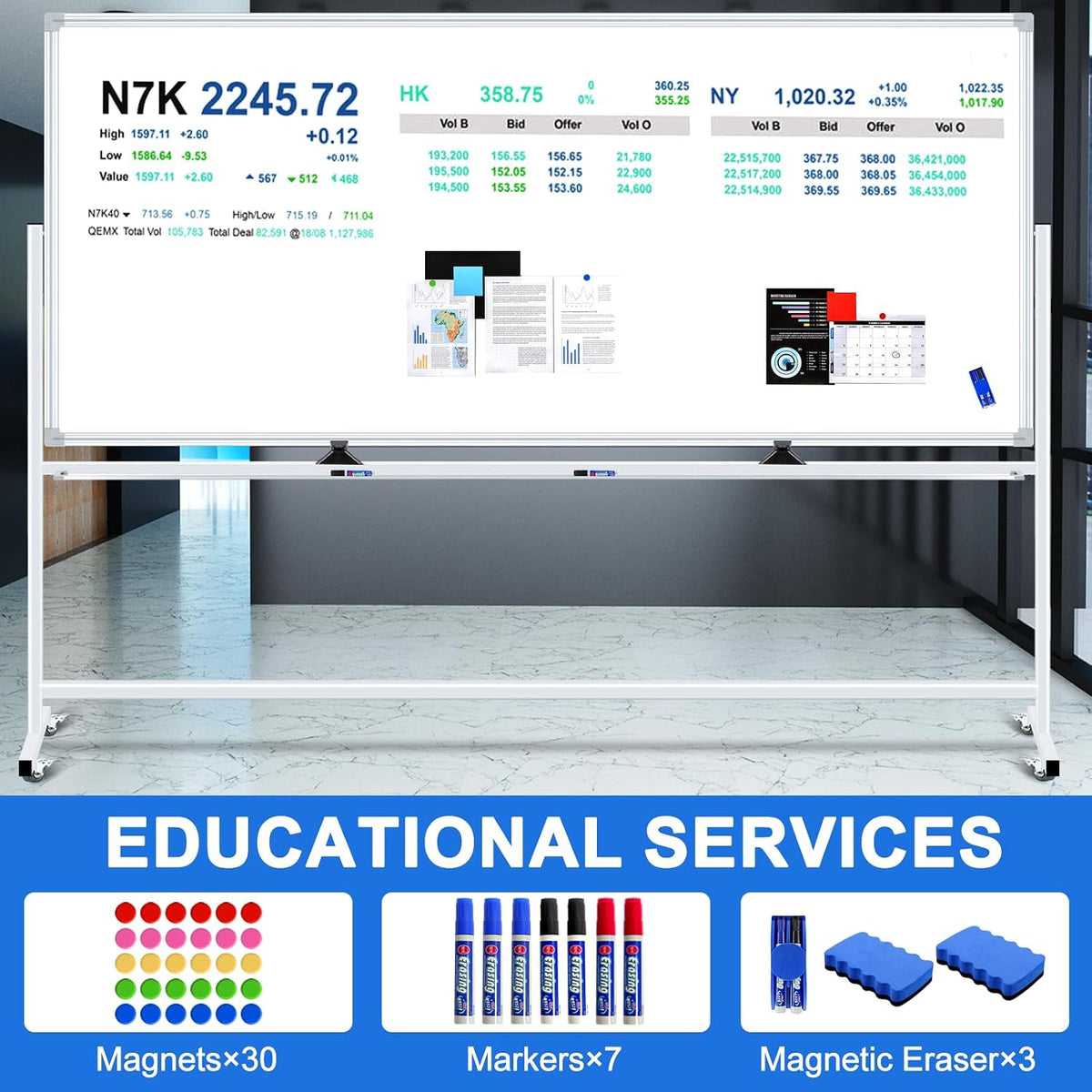 96"x48" Large Magnetic White Board Dry Erase Whiteboard with Rollin...