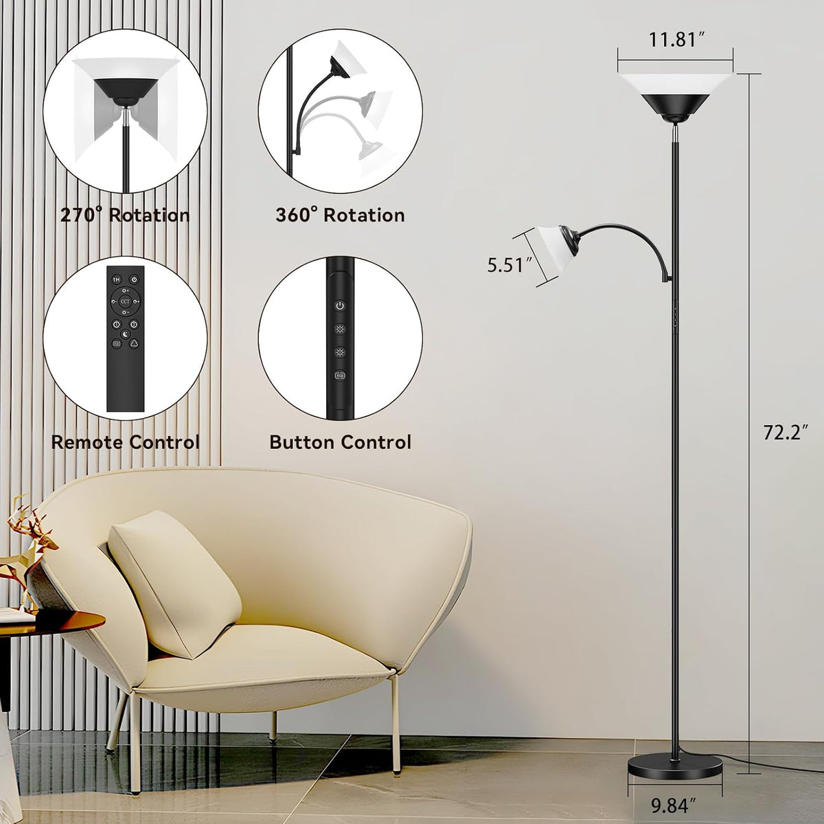 SIBRILLE RGB Torchiere Floor Lamp, 2-in-1 Dimmable Standing Lamp with Remote ...