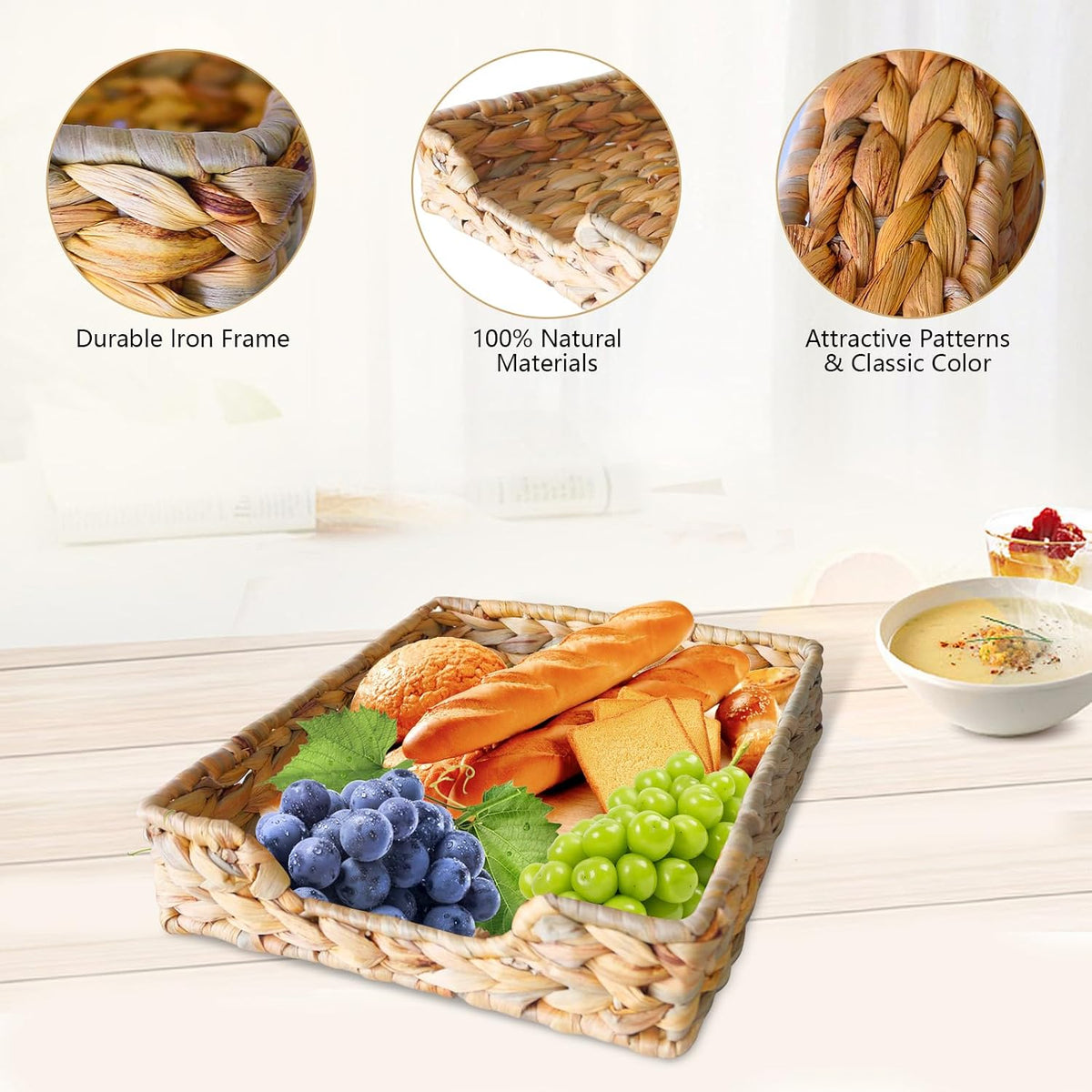 2 Pcs A4 File Tray, Natural Water Hyacinth Desk Basket, Wicker Paper Tray Fil...