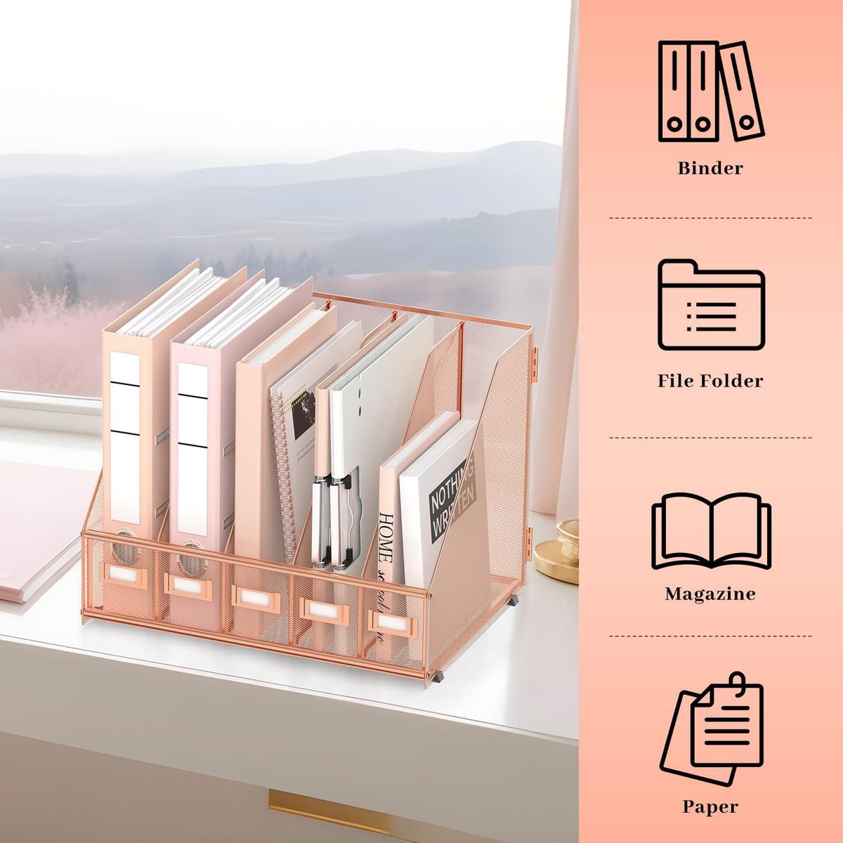 SUPEASY Desk Organizers Metal Desk Magazine File Holder with 5 Vertical Compa...