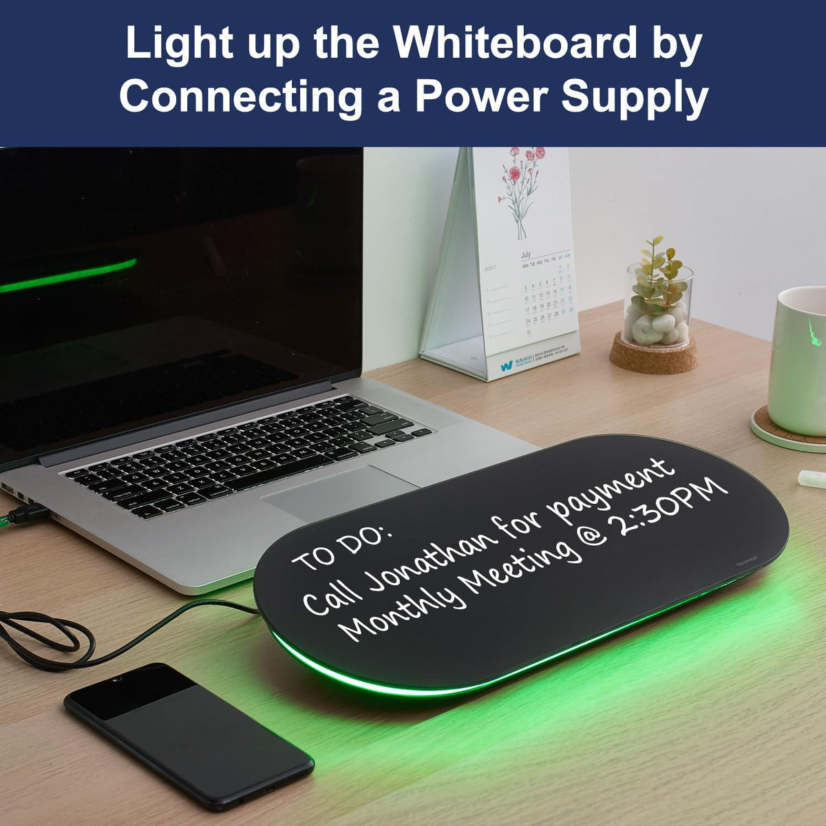 TSJ OFFICE Glass Desktop Whiteboard - 17 X 7 Inches Black Board Green Light