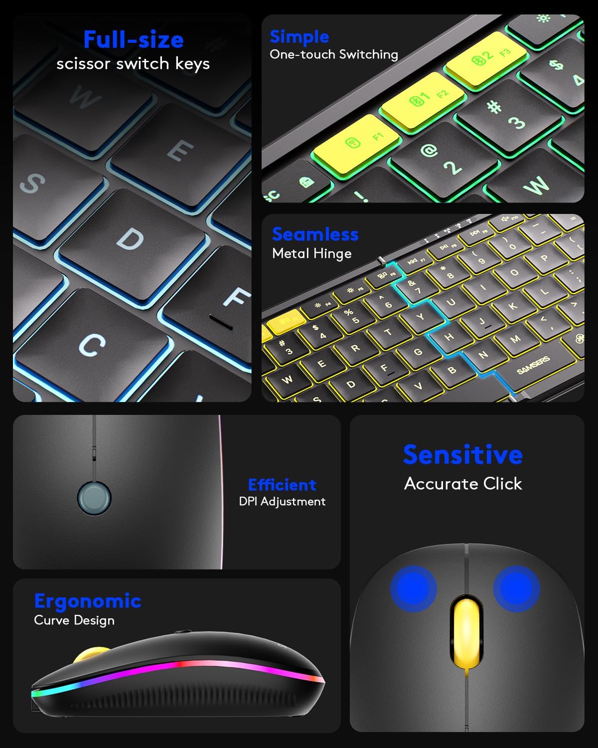 Samsers Full-Size Travel Foldable Keyboard and Mouse with Backlight, Black