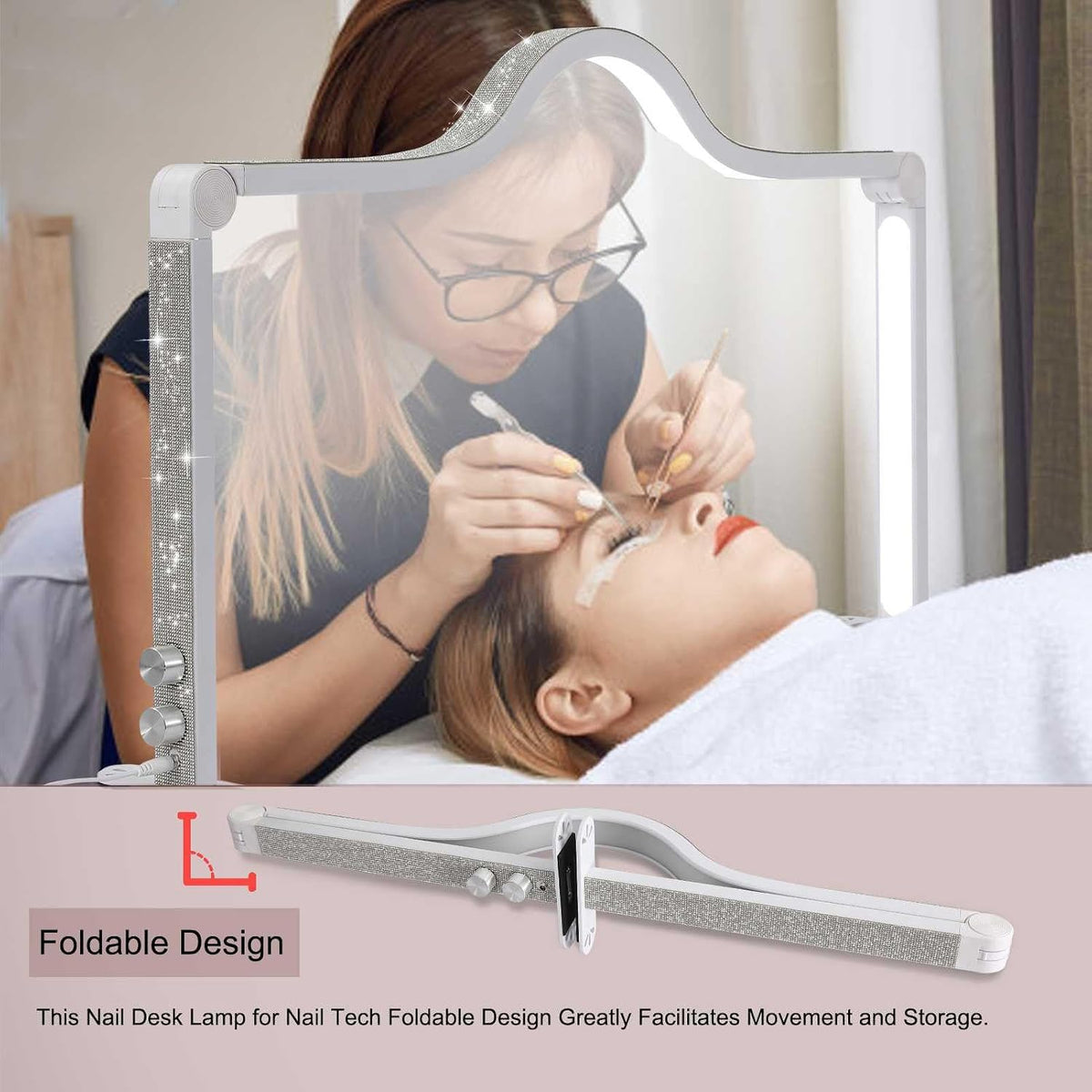 Half Moon Light for Nail Desk, 34.5In Foldable Square Nail Tech Lamp with Pho...