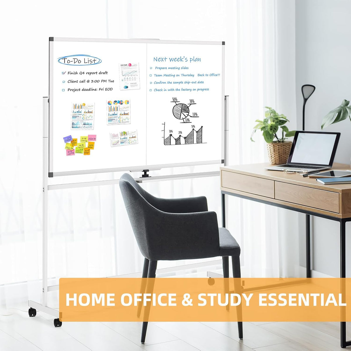 Rolling Dry Erase Whiteboard with Stand, 48" x 36" White Board on W...