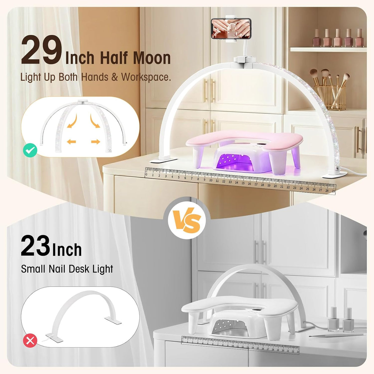 Half Moon Light for Nail Desk: 180° No-Shadow Manicure Table Lighting