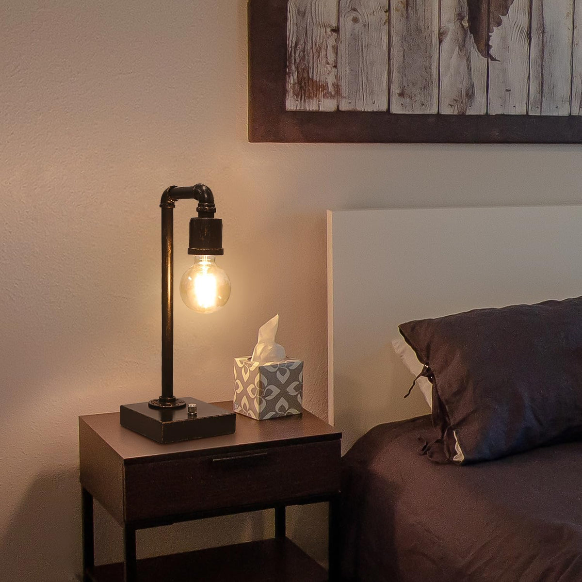 Industrial Table Lamp, Vintage Bedside Lamp with USB C and USB A Charging Por...
