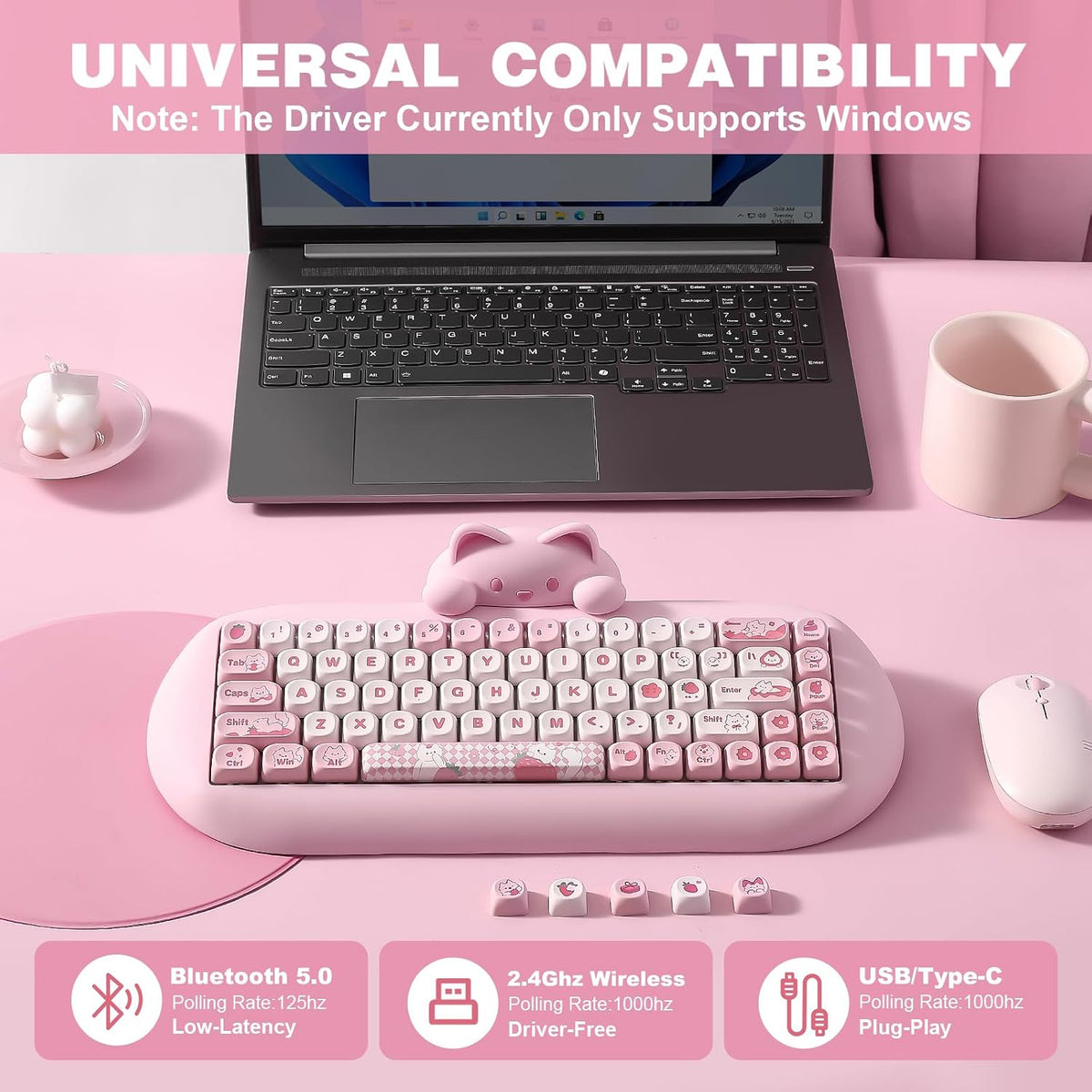 YUNZII C68 Silicone Cute Cat Mechanical Keyboard (Pink, Cocoa Cream Switch)