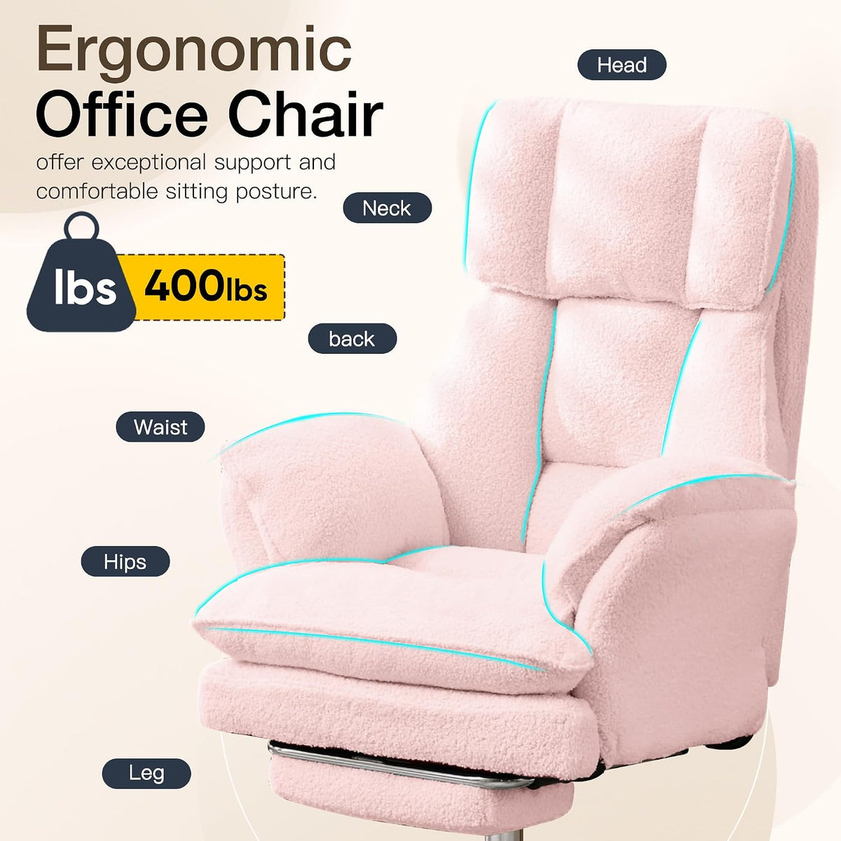 JOMEED Cloud Cross Legged Office Chair with Footrest,Flip Armrest,Pink