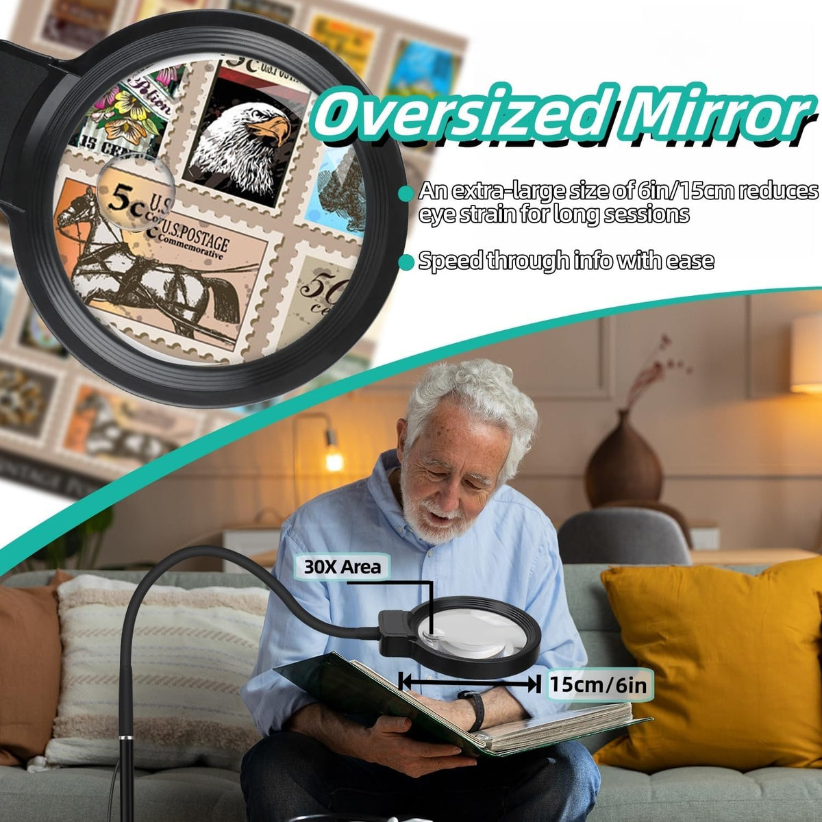 10X/30X Magnifying Glass with Light and Stand, 2-in-1 Magnifying Floor Lamp w...
