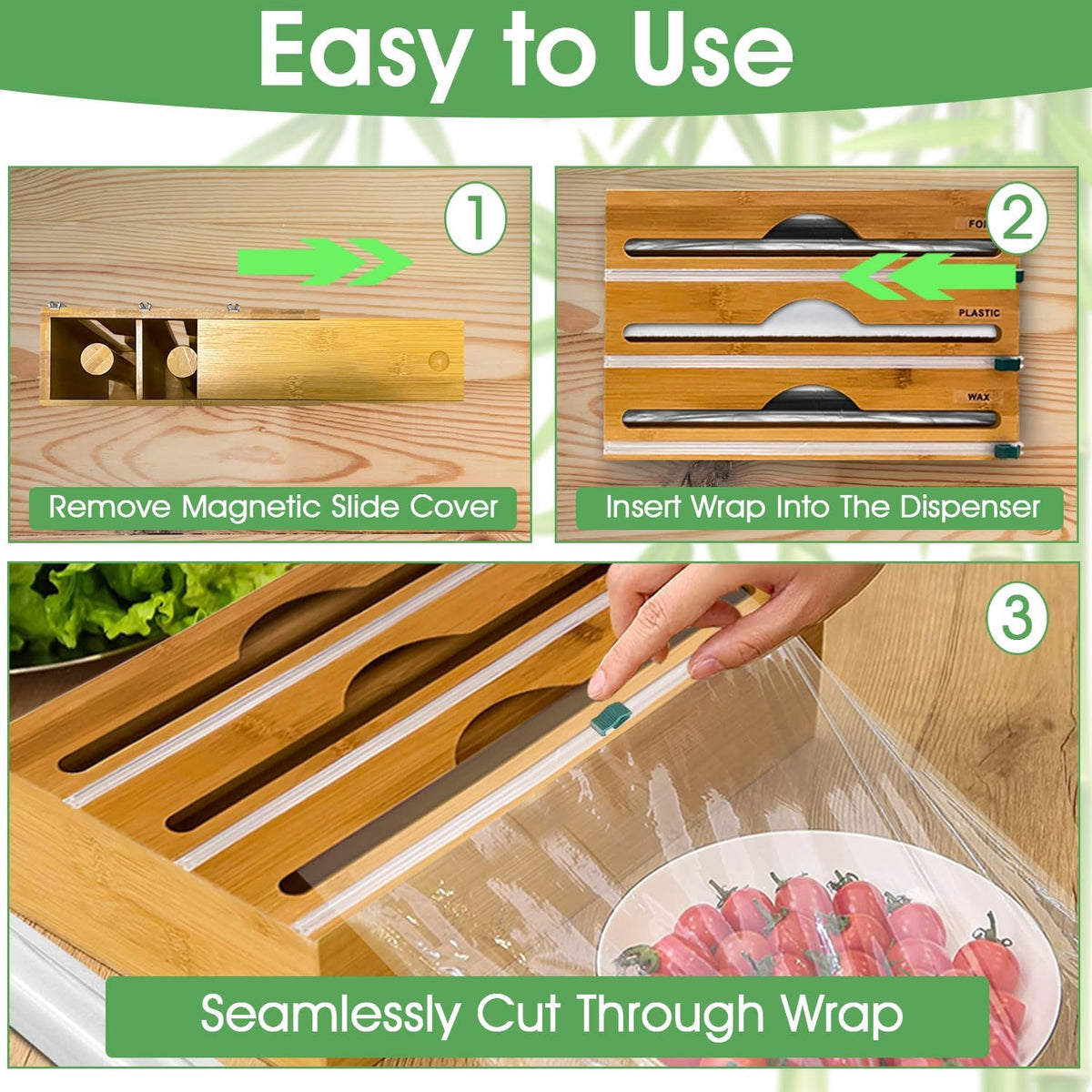 3-in-1 Bamboo Wrap Organizer with Cutters, Labels, Interior Holders, Anti-Sli...