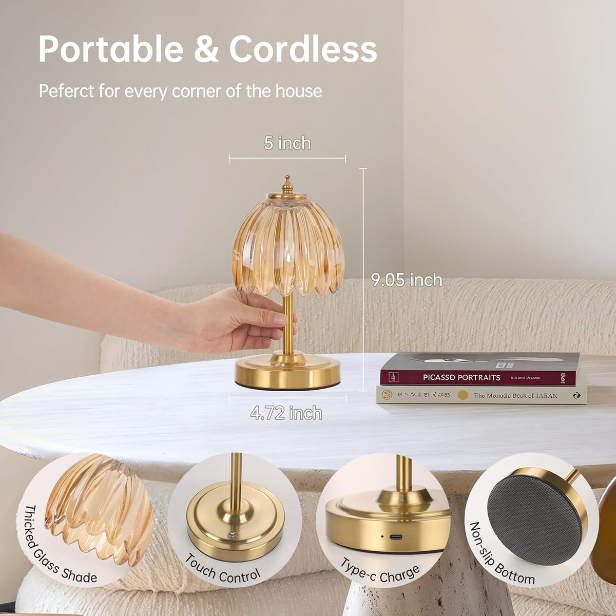 Shenmoyl Tulip Small Table Lamp, 5200mAh Cordless Touch Control Mini Table La...