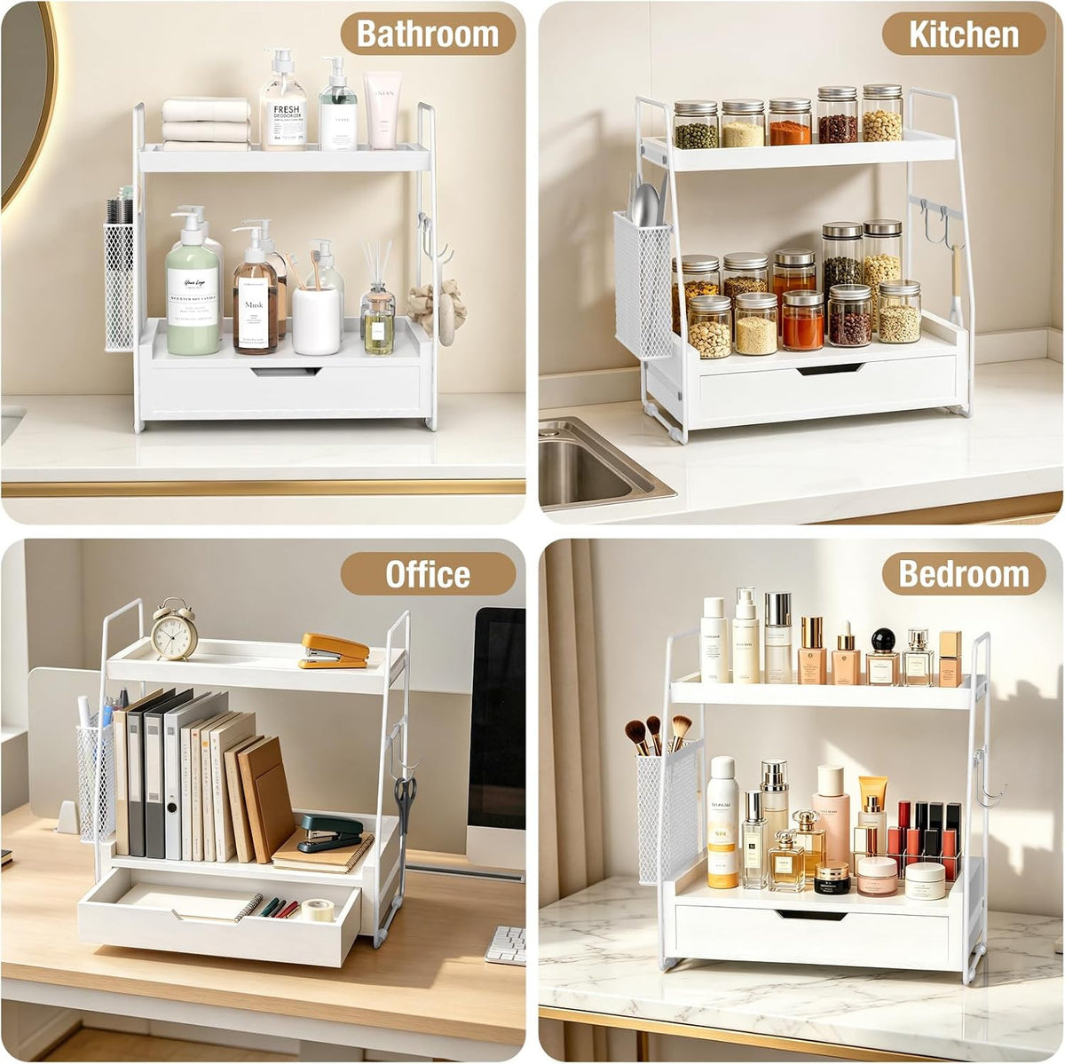 2-Tier Bathroom Counter Organizer with Drawer, Wood Counter Storage Shelf