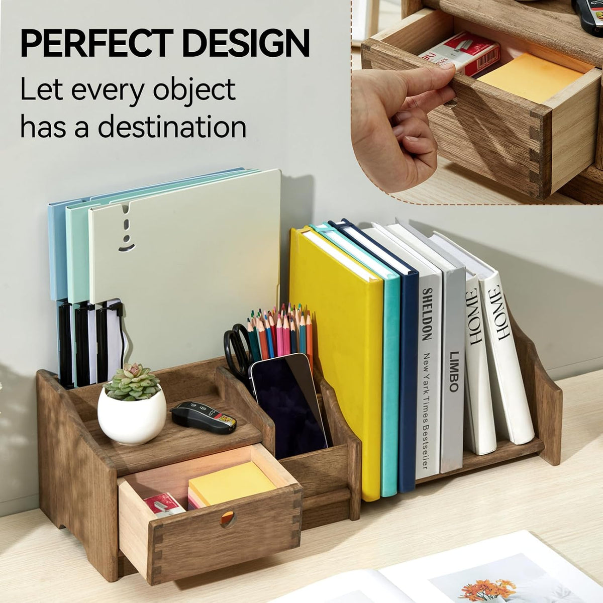 KIRIGEN Wood Desktop Bookshelf with Drawer, Expandable Desk Shelf, Brown