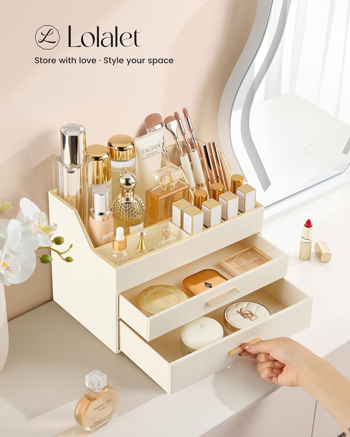Lolalet Makeup Organizer for Vanity Desk, 3-Layer PU Leather Luxury Make Up S...