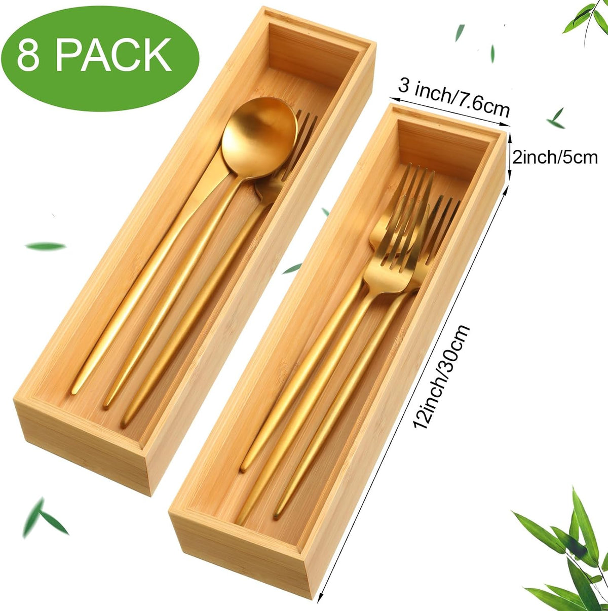 Kigley 8 Pcs Bamboo Kitchen Drawer Organizer, 12x3x2 Inch, Wood
