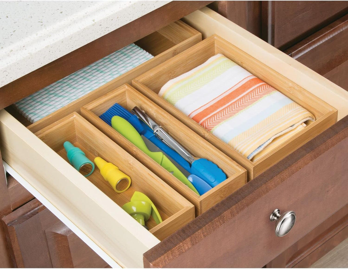 mDesign Wooden Bamboo Drawer Organizer - 12" Long Stackable Storage Box ...