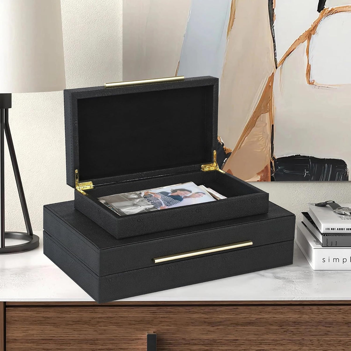 HofferRuffer Faux Leather Decorative Boxes Set of 2, Large Nesting Keepsake B...