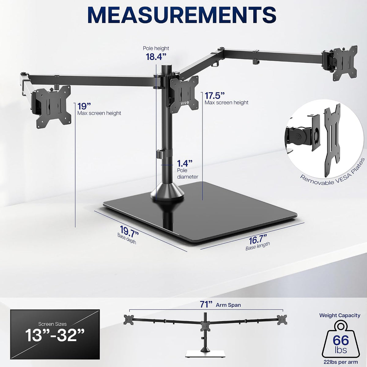 VIVO Black Triple Monitor Mount, Freestanding Triple Monitor Arm Stand for De...