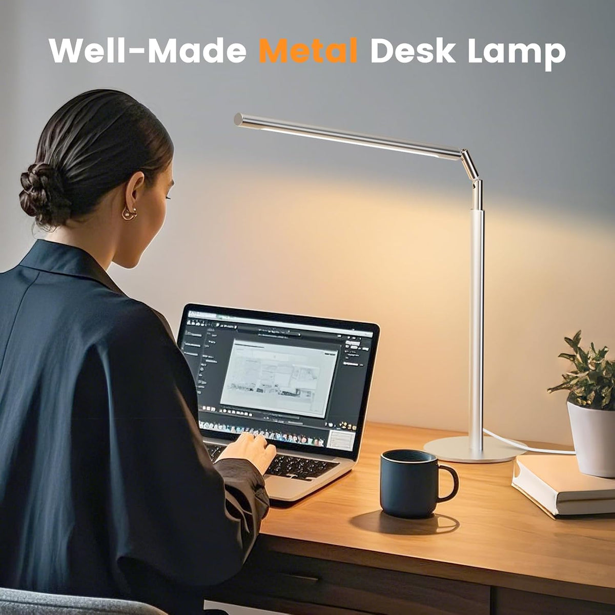 SIBRILLE Silver LED Desk Lamp, 16" Dimmable Metal Desk Light with Base, ...