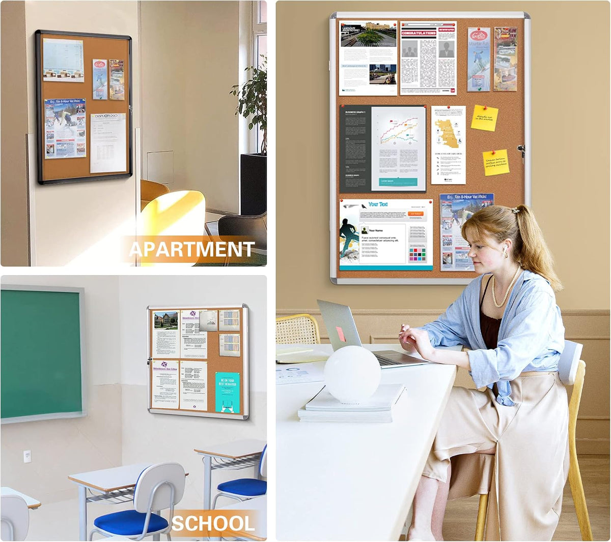 SWANCROWN 26x20 in Enclosed Bulletin Board, Lockable Cork Board Wall 4xA4
