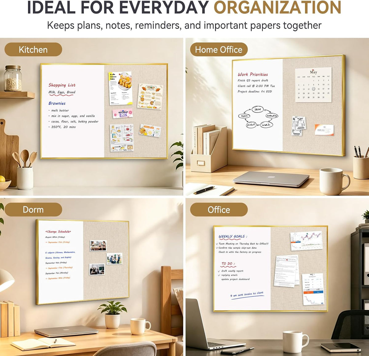Whiteboard Bulletin Board Combo, 24"x18" Dry Erase Linen Cork Board