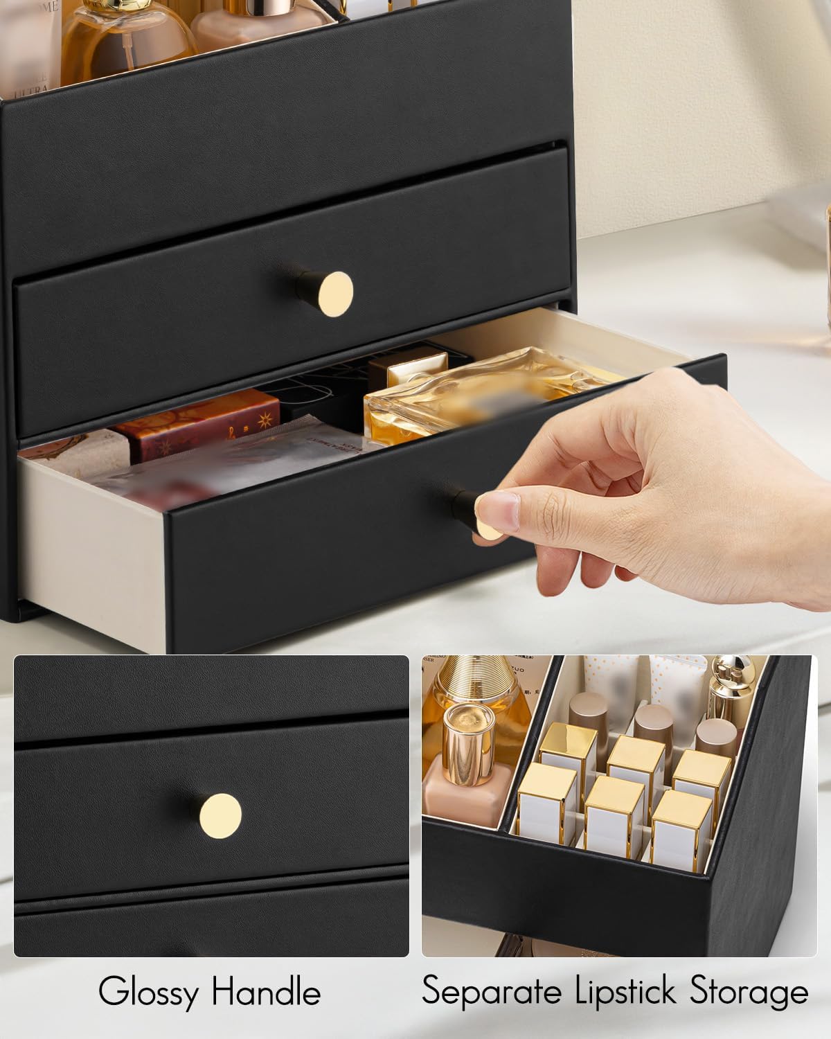 VLANDO 3-Layer Makeup Organizer with 2 Large Drawers for Vanity,Black