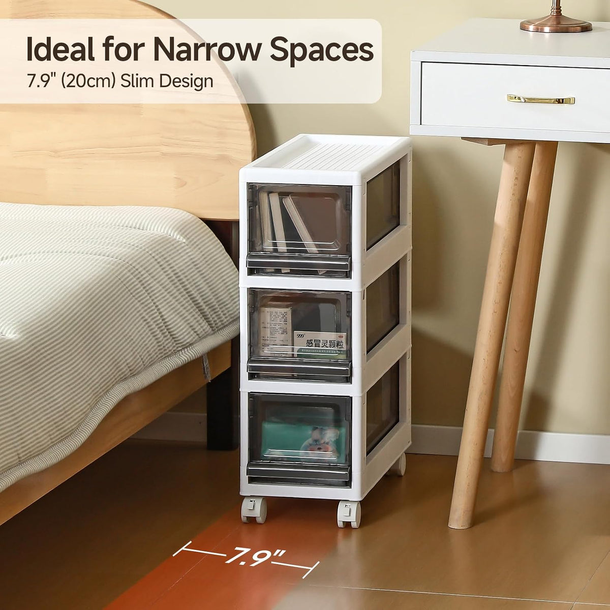 Plastic 3 Drawer Storage Organizer, Narrow Plastic Storage Drawers with Wheel...