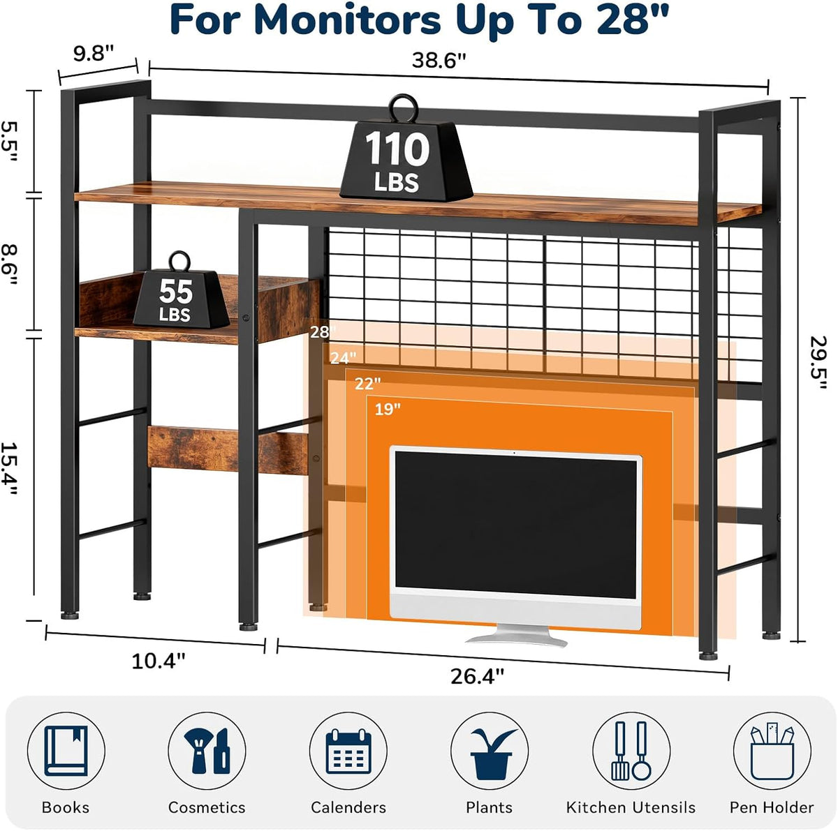Desk Shelf, 38.6" Desk Hutch with Pegboard Hooks Set, Rustic Brown