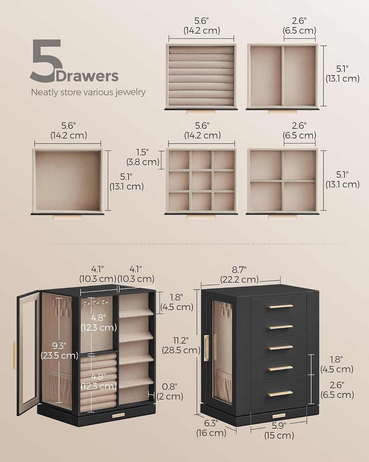 SONGMICS Jewelry Box Organizer, 360° Rotating, 5 Drawers, Ink Black