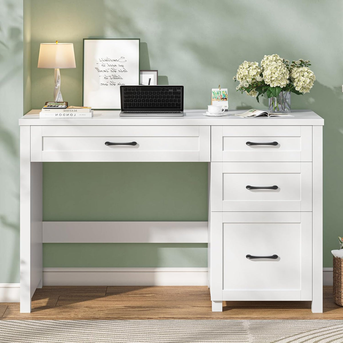 Farmhouse 47" Executive Desk, Computer Desk with File Drawer, Cream White