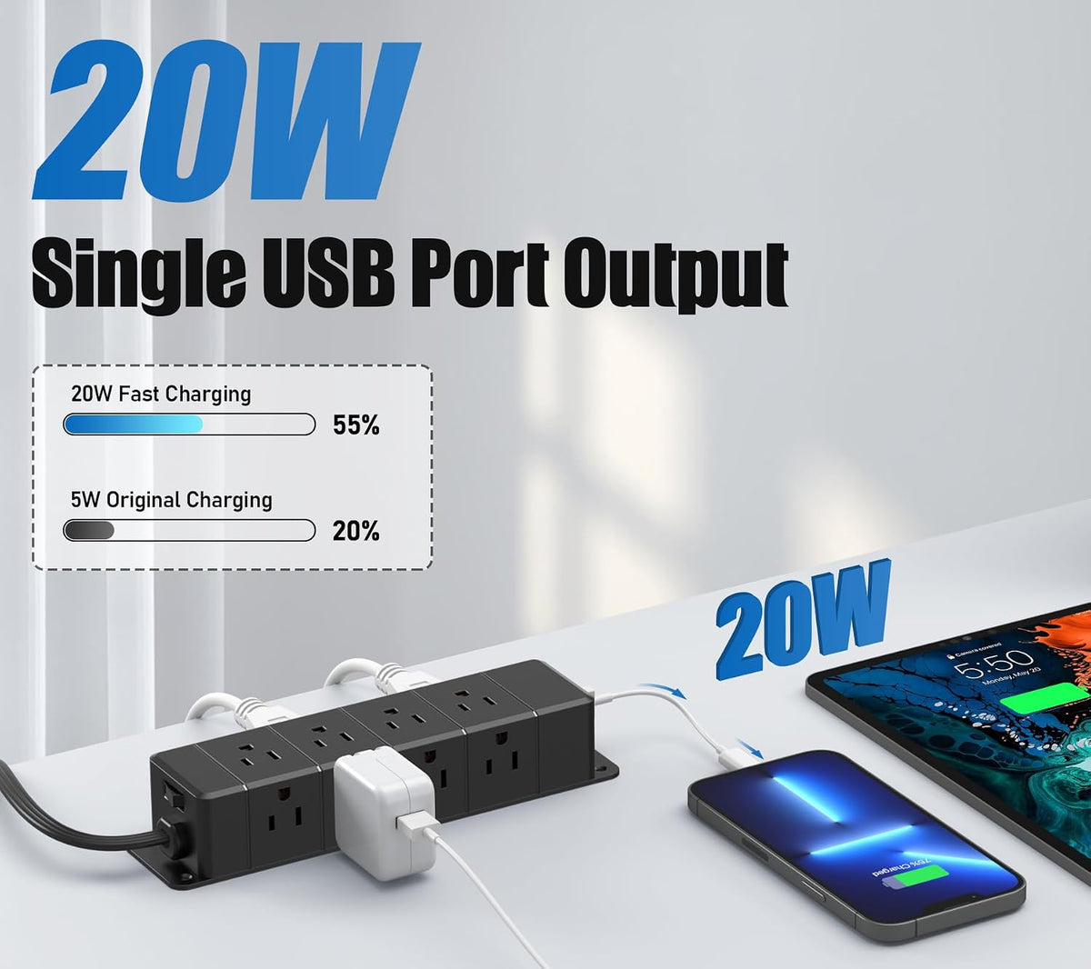 40W Under Desk Power Strip with Switch 12 Outlet 4 USB 1200J 10FT Black