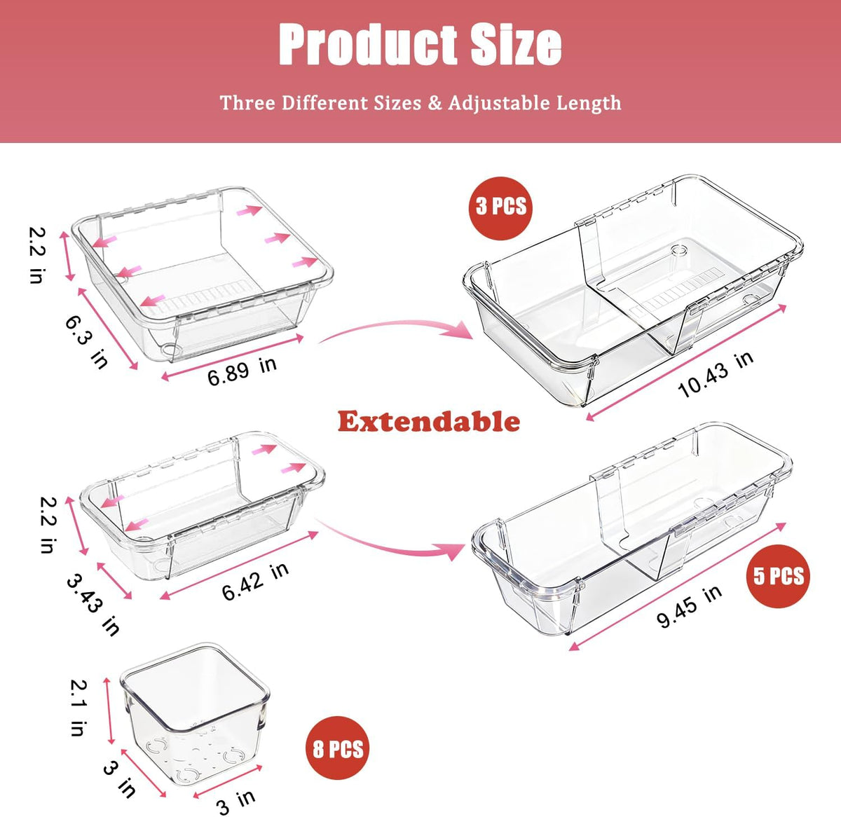 16 PCS Clear Drawer Organizer, Adjustable Drawer Storage Box, 3-Size Expandab...