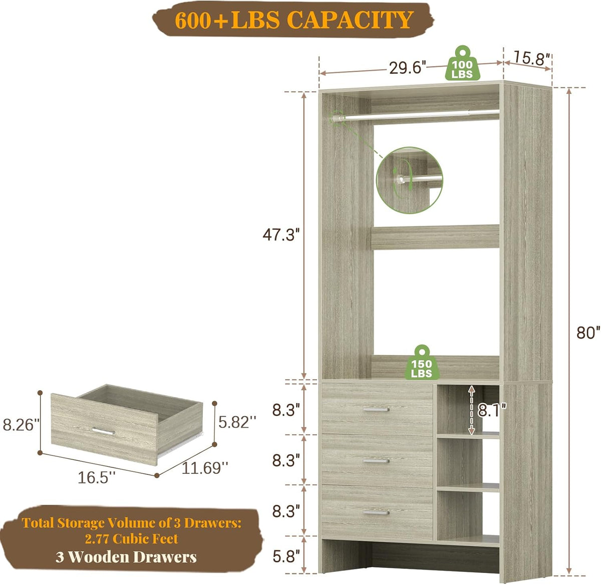 Aheaplus 2.5FT Closet System with 3 Drawers, -E6, White Oak